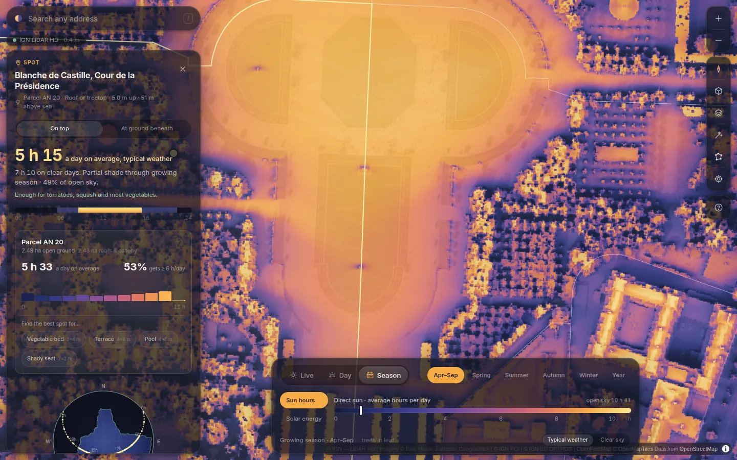 Sun-hours map of a park over the growing season, with a pinned lawn showing 11 hours of sun a day