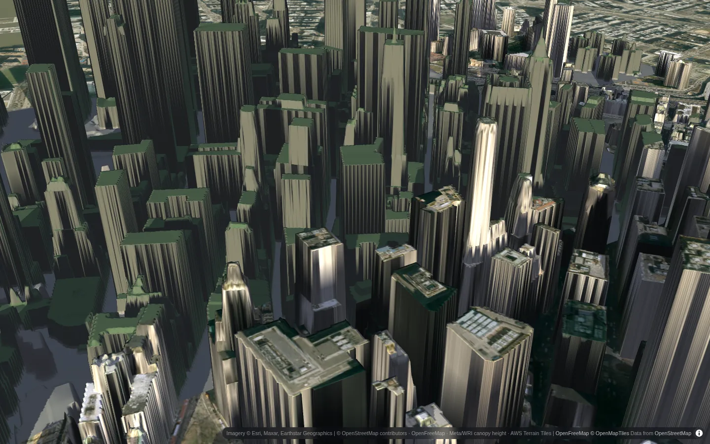 Lower Manhattan towers in 3D in the low December sun