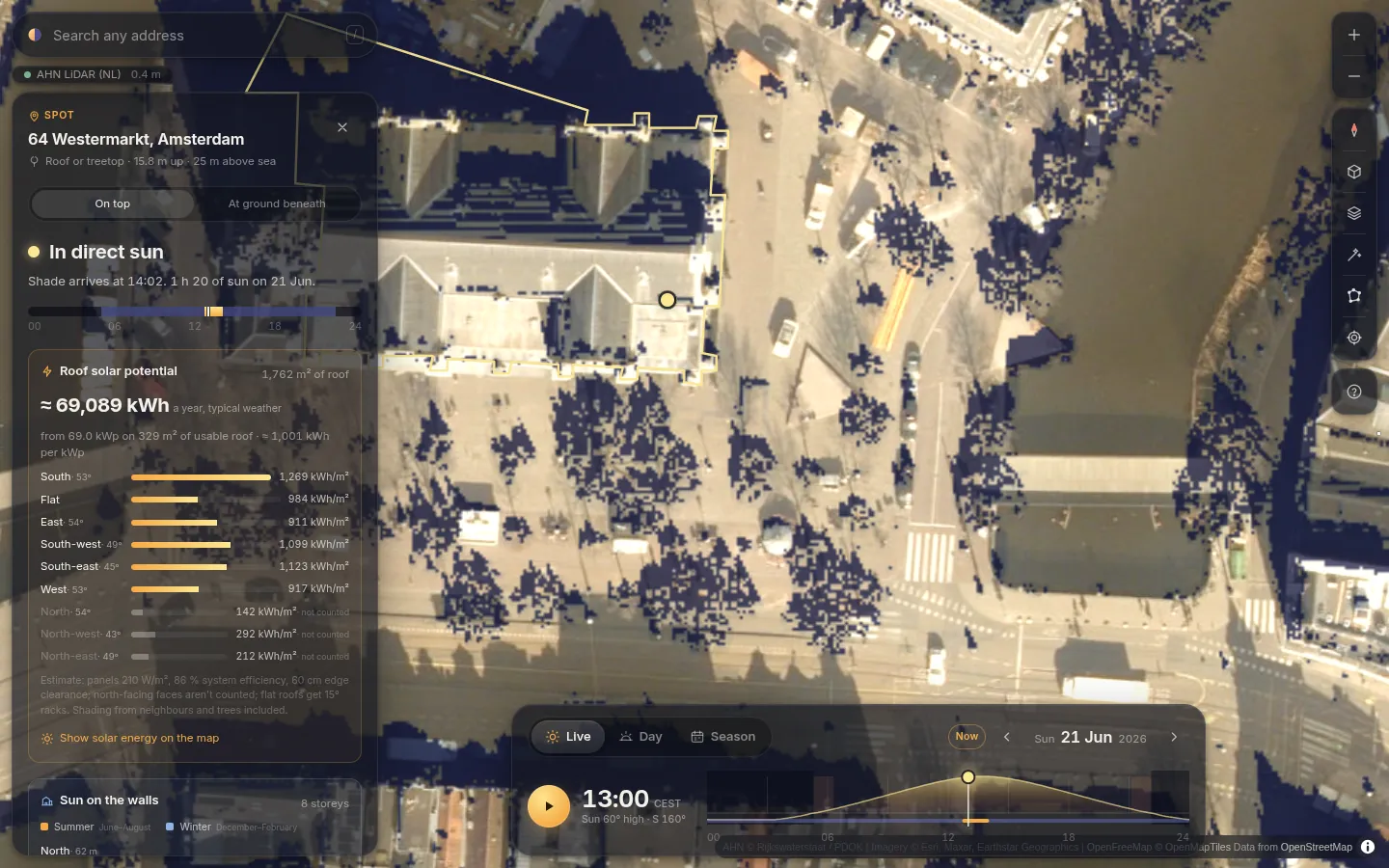 A pinned church roof in Amsterdam with its roof solar card: faces, yearly sunlight and production
