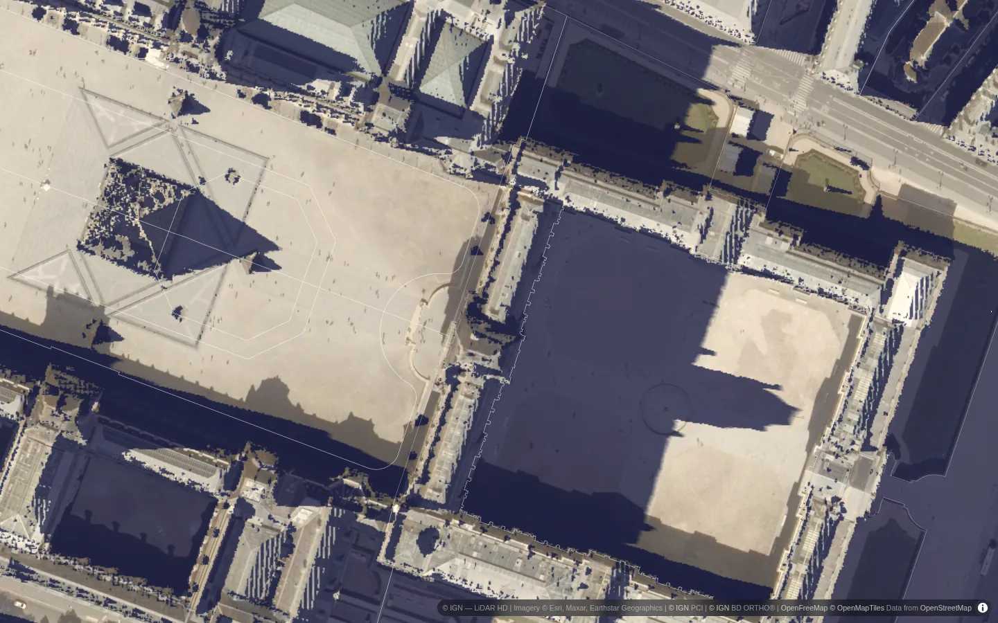 Shadows in the Louvre courtyard at 19:30 in the evening