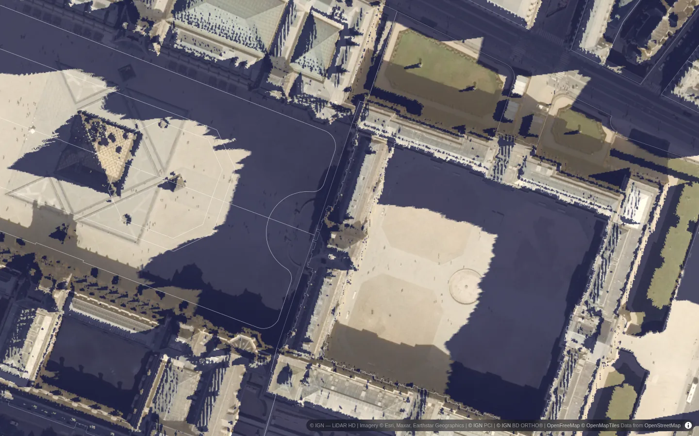 Shadows in the Louvre courtyard at 8:30 in the morning