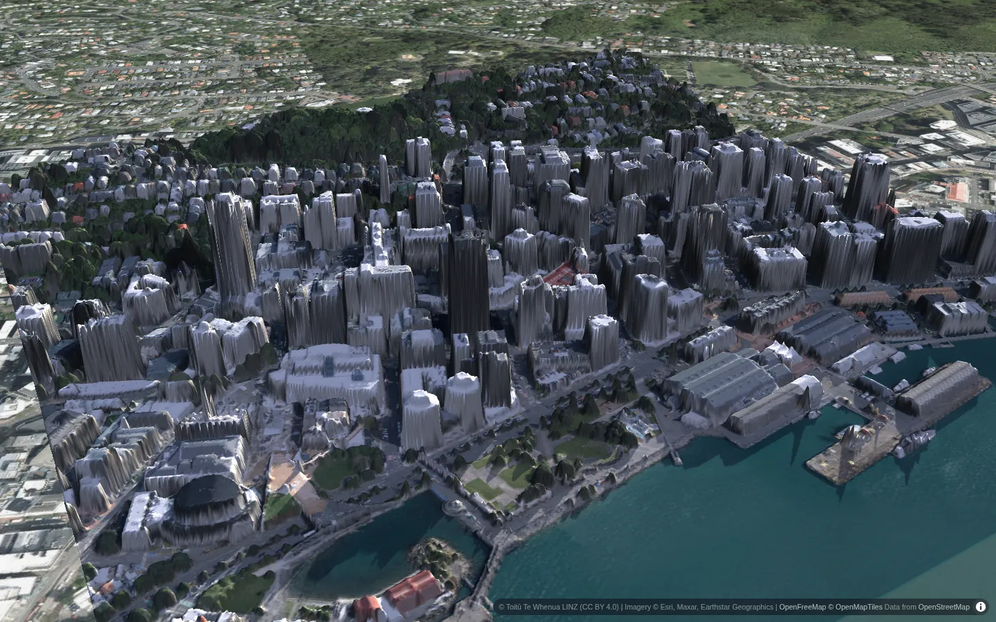 Wellington hillside houses and harbour in 3D on a winter afternoon
